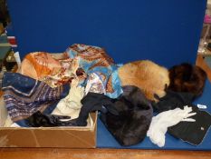 A quantity of vintage fur hats, Jacqmar scarf, evening gloves,