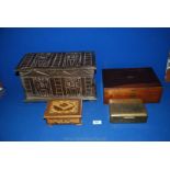Four boxes including a brass cigarette case, rosewood box,