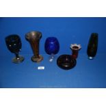 Five pieces of coloured glass including goblet, brandy glass and vases etc.