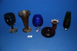 Five pieces of coloured glass including goblet, brandy glass and vases etc.