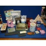 A quantity of miscellanea including dressing table set, tins, stamp album etc.