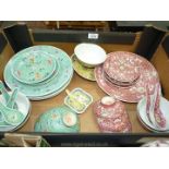 A quantity of oriental dinnerware including plates, rice bowls and covers/stands, spoons etc,