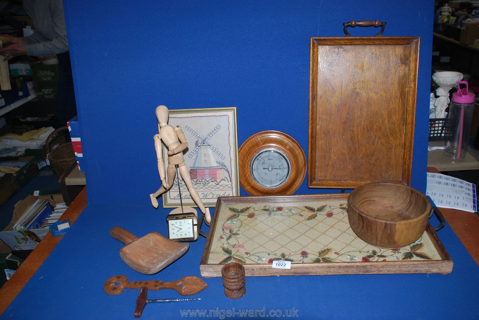 A quantity of treen including Barometer, corkscrew etc.