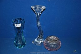 A Marc Aurel glass candlestick, 10" tall, turquoise colour swirl vase,