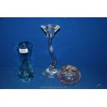 A Marc Aurel glass candlestick, 10" tall, turquoise colour swirl vase,