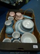 A quantity of china including a Denby part tea set including four cups, mugs, saucers, bowls,