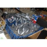 A quantity of glass including a cut glass jug by Stuart, 6" tall, cut glass salt and pepper pots,