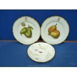 A pair of continental Plates with decoration of pears, rims and initials in gold,