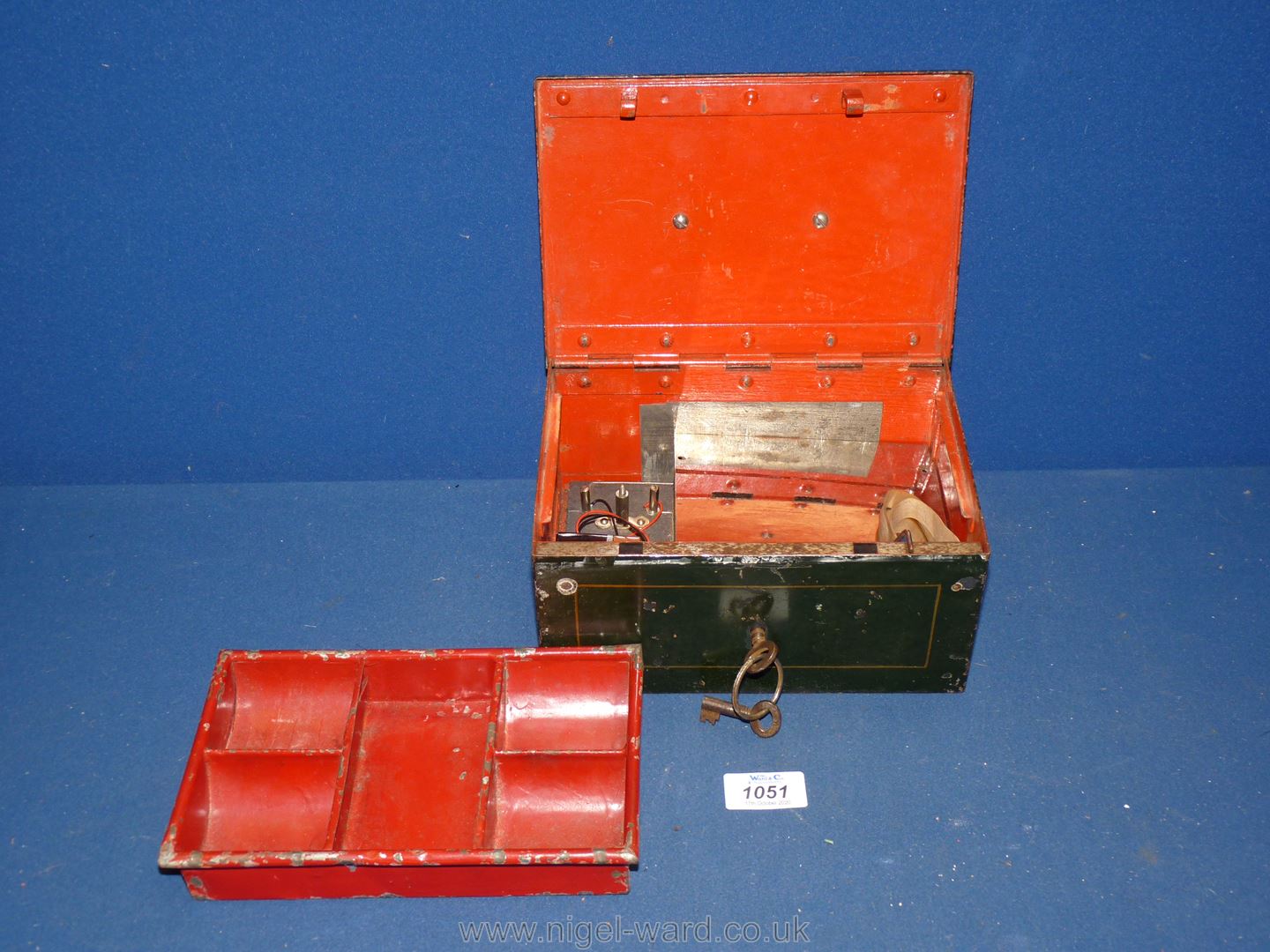 An Edwardian tin cash box with alarm, keys present, 8 1/2" long x 6" wide x 4" deep. - Image 2 of 2