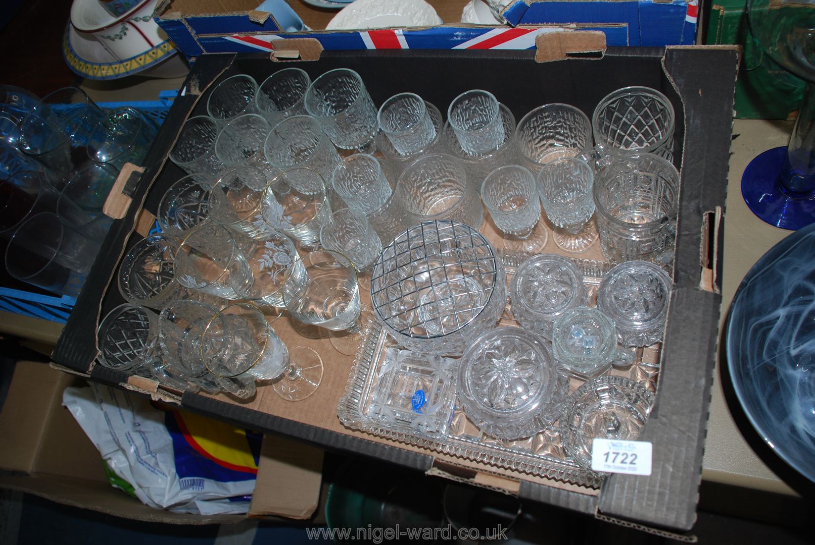 A quantity of glass to include Ravenhead bark effect glasses, a part dressing table set,