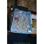 A quantity of delicate wine and brandy glasses, some with blue spiral stems, aperitif glasses,