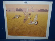 A limited edition Print by Gwendoline Louise Webb, no. 8/10 of Pigeons in a Barley field.