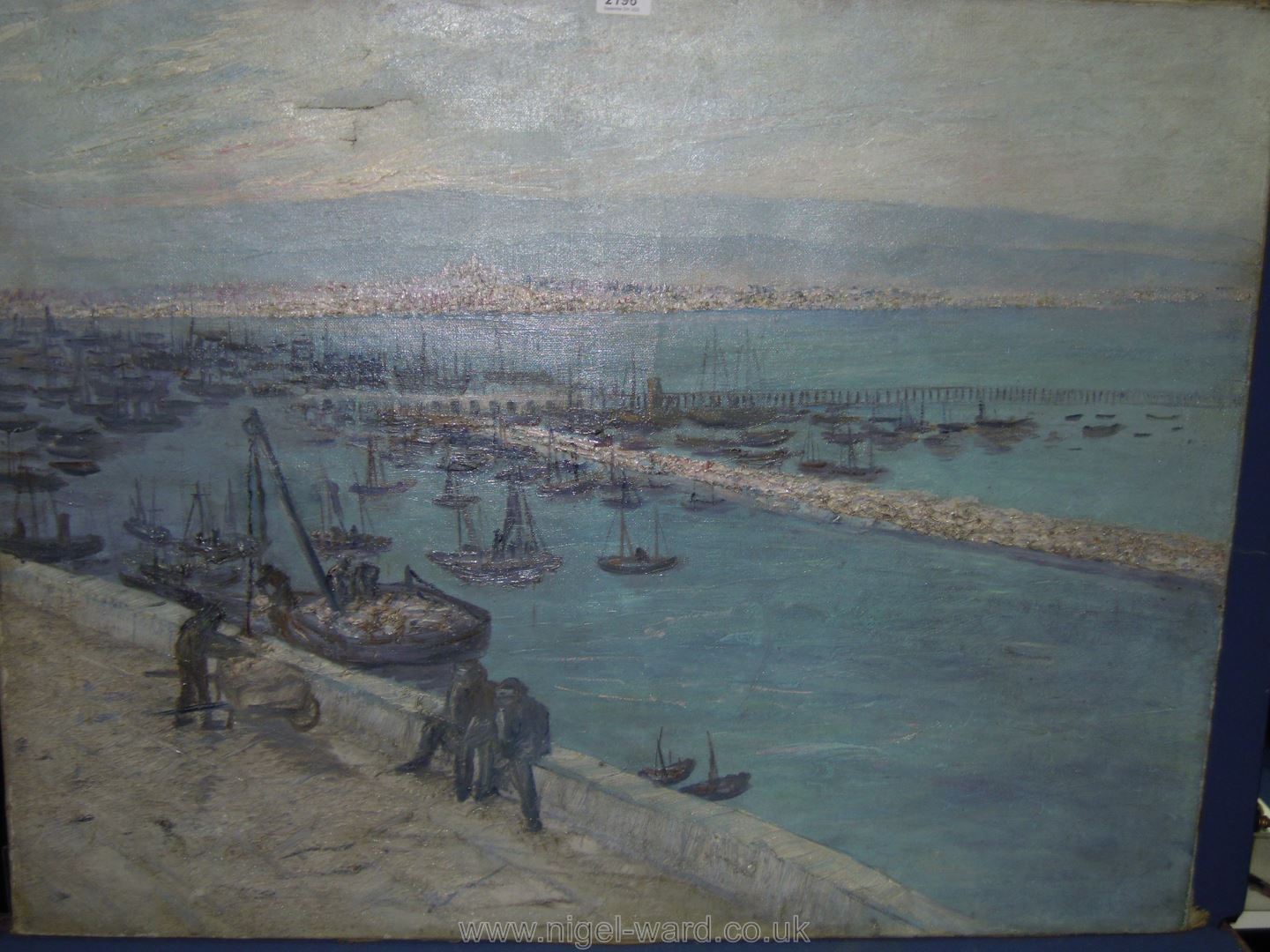 A French impressionist Oil on canvas of the Port of Marseilles with fishermen on quay; circa 1930,