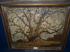 A wooden framed Oil on board depicting a country landscape with an old tree on farmland,