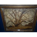 A wooden framed Oil on board depicting a country landscape with an old tree on farmland,