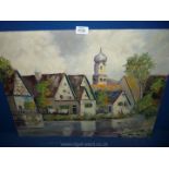 An unframed Oil on board depicting river flowing past houses and buildings, signed lower left J.