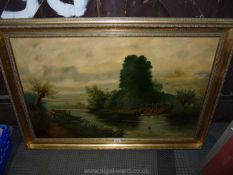 A large Oil on canvas of a River scene with eel traps, a fisherman and a young girl collecting wood,