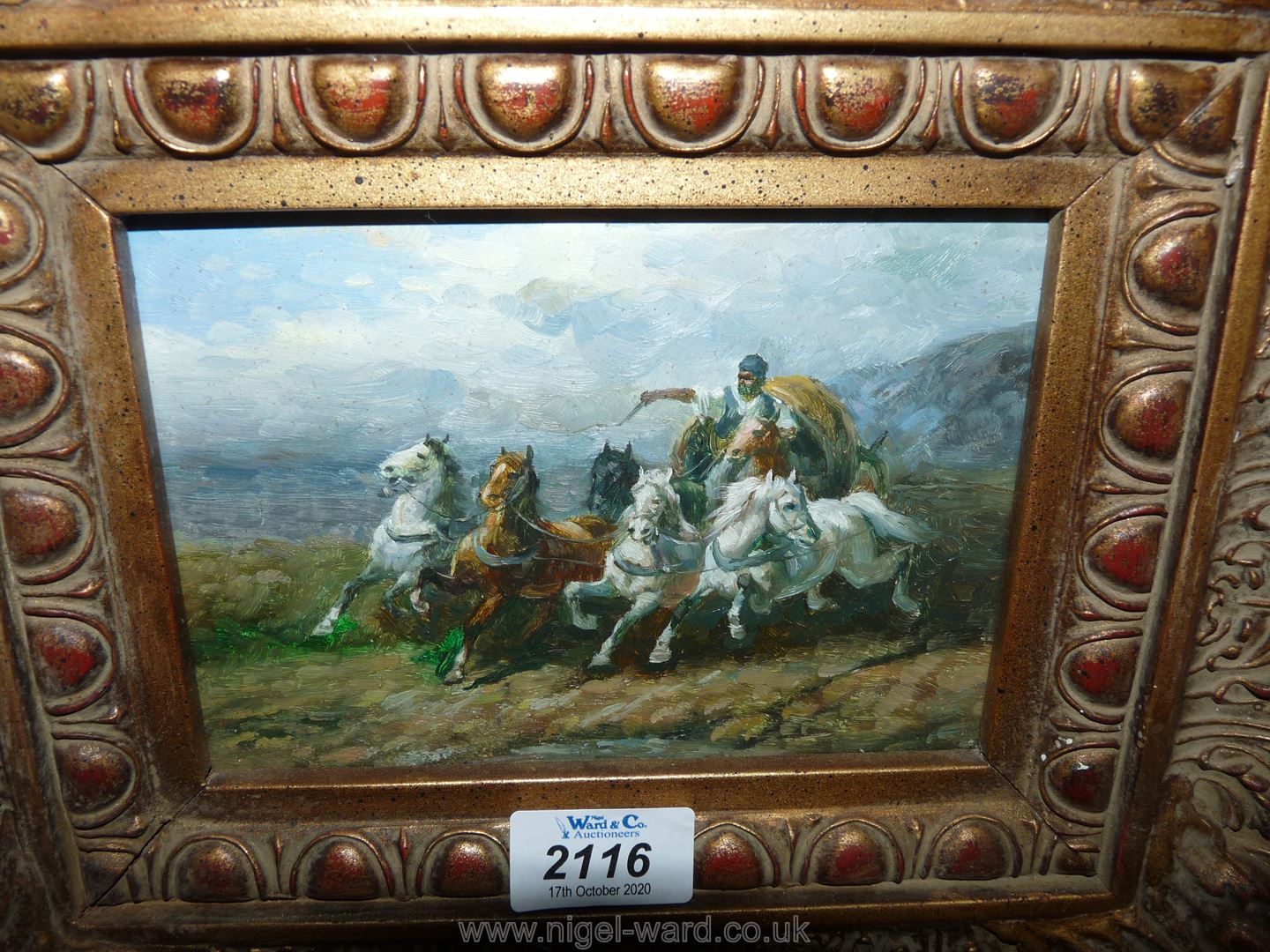 A gilt framed Oil painting of a chariot and horses. - Image 3 of 4