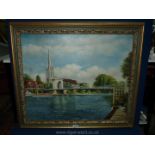 A large Oil on canvas depicting a River scene with bridge and church, pleasure cruisers,