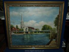 A large Oil on canvas depicting a River scene with bridge and church, pleasure cruisers,