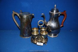 A quantity of plated items including coffee pot, hot water pot, Mappin & Webb egg cup stand, etc.