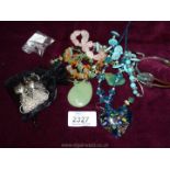 A 925 silver ring, cat brooch, jade coloured necklace and earrings, amethyst, rose quartz, etc.