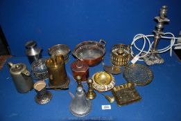 A quantity of miscellaneous metals including a white metal converted electric candlestick lamp base,