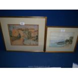 An unsigned framed Watercolour of ''Le Moulin du Loup'' and a Watercolour depicting a lake with two