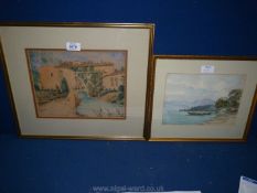 An unsigned framed Watercolour of ''Le Moulin du Loup'' and a Watercolour depicting a lake with two