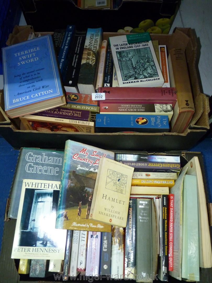 Two boxes of books including Grahame Green, post Victorian Britain, etc.