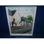 A large painted wooden framed Oil on canvas depicting "The Bull Inn, Caerleon", 13'' x 22''.