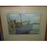 A framed and mounted Watercolour of a moored fishing boat, by H.P. Garland.