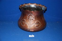 A copper jardiniere with fluted rim and engraved leaf decoration, marked Made in London,