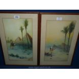 A pair of desert scene Watercolours, one signed H.