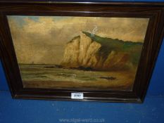 A Victorian Oil on canvas depicting a small boat being launched in rough seas under high chalk