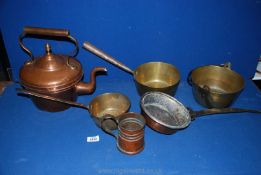 A quantity of brass and copper including three saucepans, small jam pan,