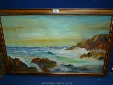 A wooden framed Oil on canvas of seascape, titled and signed lower left, Thor's back Lief Erlickson,