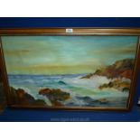 A wooden framed Oil on canvas of seascape, titled and signed lower left, Thor's back Lief Erlickson,