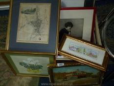 A quantity of pictures to include an Oil on canvas of Bromley Market House, framed Map of Worcester,