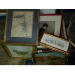 A quantity of pictures to include an Oil on canvas of Bromley Market House, framed Map of Worcester,