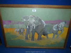A wooden framed painting of elephant round watering hole, signed lower right P.