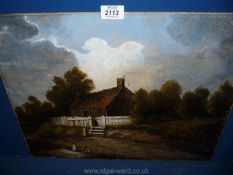 A 19th c. Oil painting of two children fishing near a picket fenced cottage.