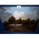 A 19th c. Oil painting of two children fishing near a picket fenced cottage.