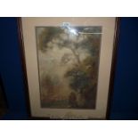 A framed Watercolour, Man with dog on wooded path, unsigned.