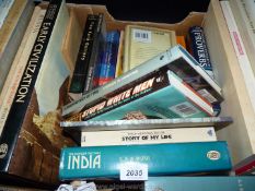A box of books including Early Civilisation, Behind Facades, India, etc.