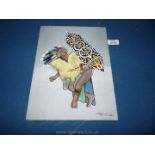 A watercolour on silk of a Dayak Warrior by S.T. Kee. 33 cm x 24 cm.