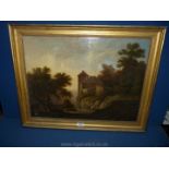 An Oil on canvas in gilt frame depicting a fortified building in woodlands, 28" x 22",