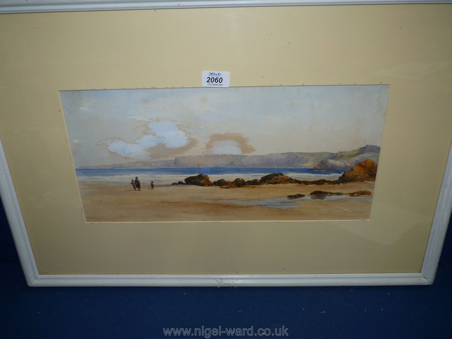 A framed and mounted seascape with figures, no visible signature, 29" x 19".