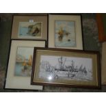 A Herdman Smith etching of Lands End, two L. Bowden prints of Mevagissey and St.