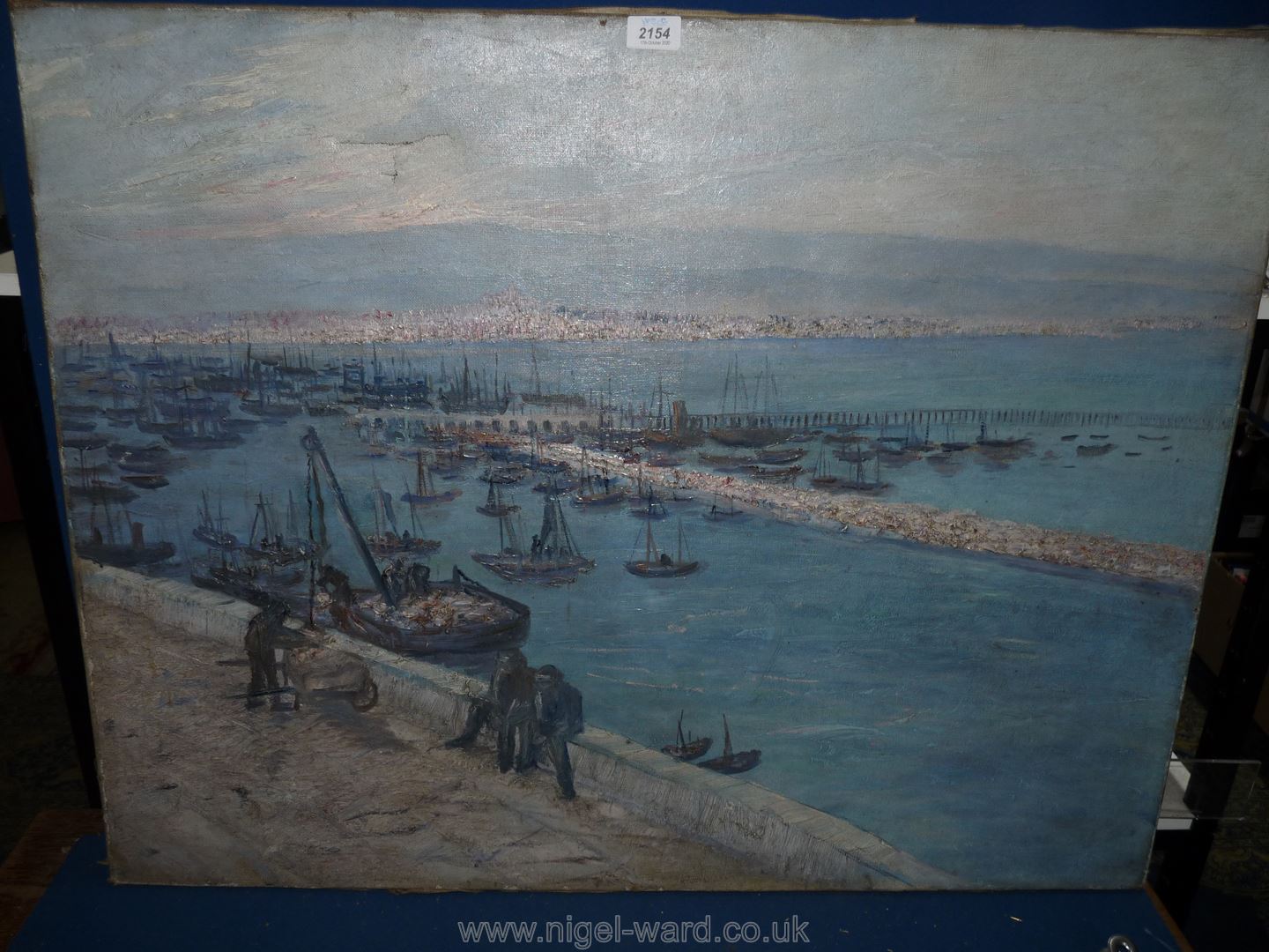 A French impressionist Oil on canvas of the Port of Marseilles with fishermen on quay; circa 1930, - Image 2 of 2